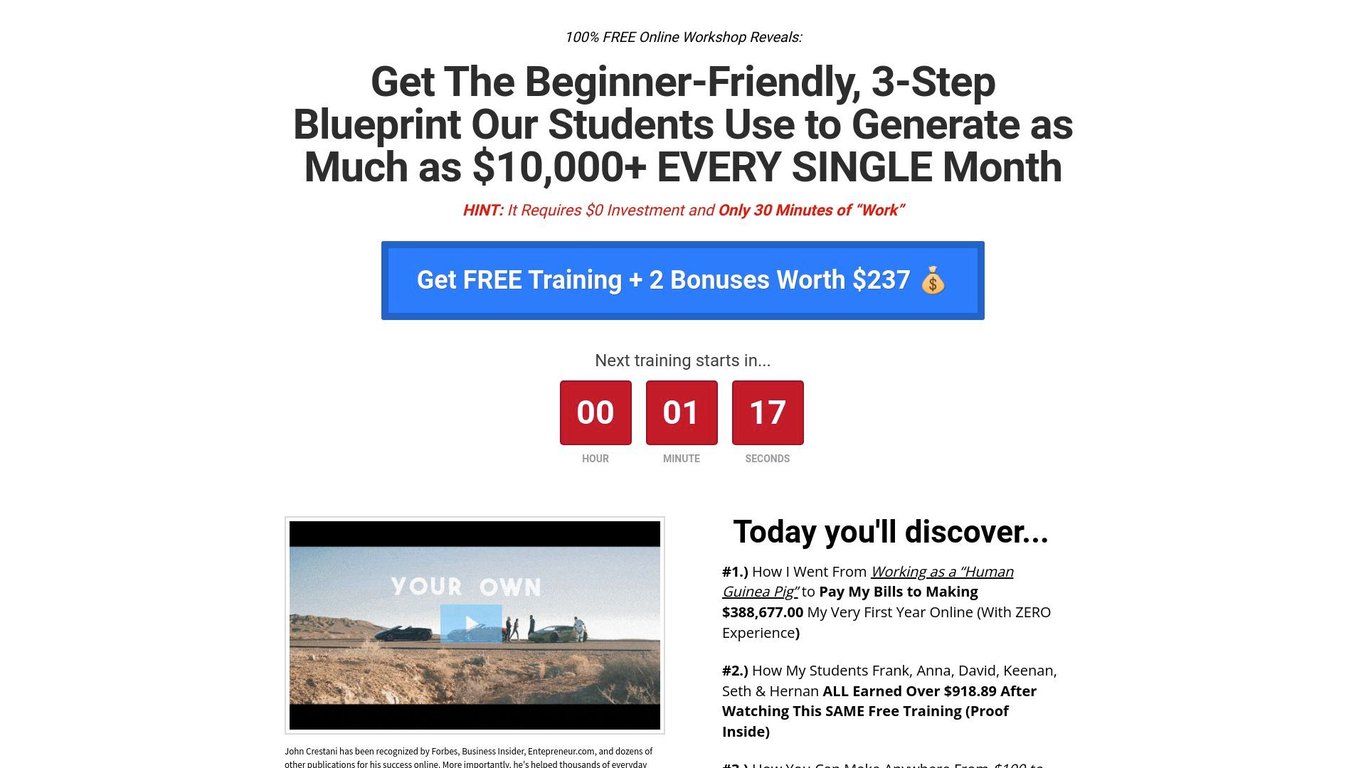 Super Affiliate System - John Crestani's Autowebinar Funnel Screenshot